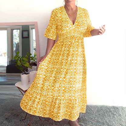 Bohemian casual print V-neck waist wrap long dress