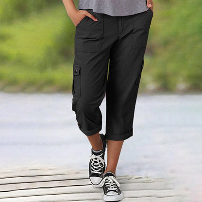 Multi-Pocket Solid Color Casual Cargo Capri Pants
