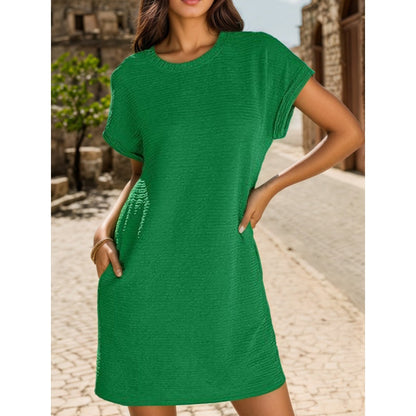 Women's Loose Roll Sleeve Pocket Solid Color Dresses